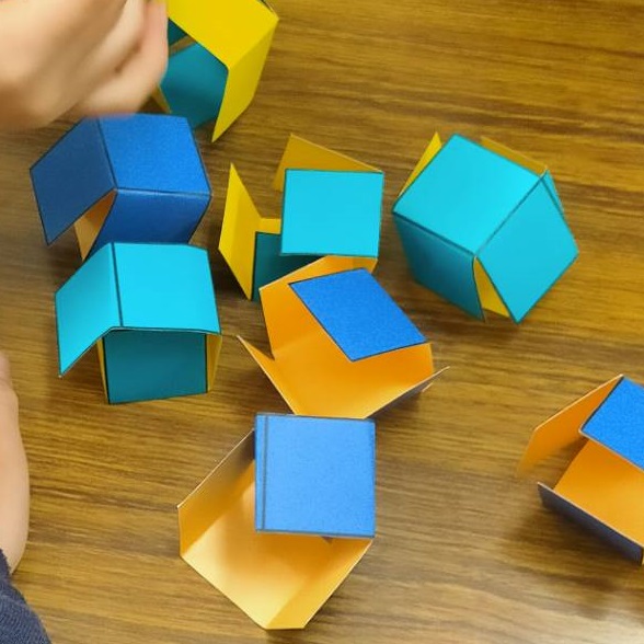 立方体の展開図を見つけた小学生たち（工作の教室での様子3）